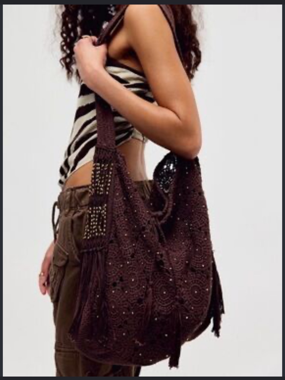 Free People Brown Crochet Bead-Embellished Shoulder Bag